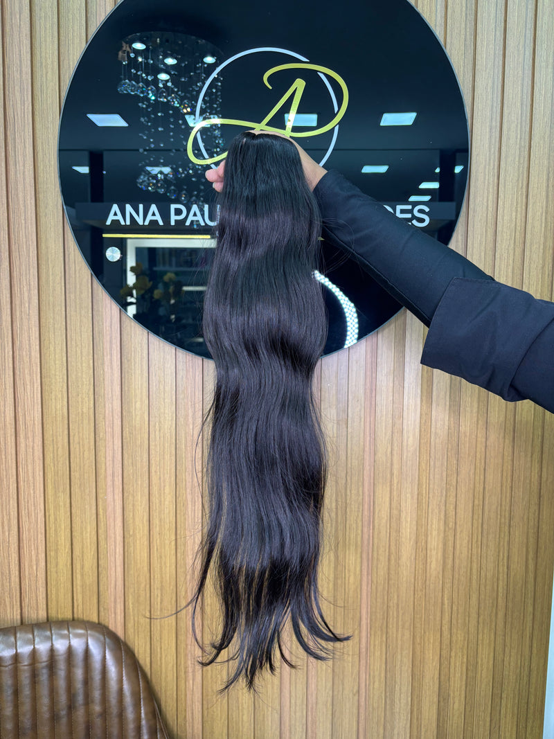 Cabelo Brasileiro do Sul Liso Castanho Escuro 65cm, 100 gramas – 100% Humano, Fios Alinhados Premium.
