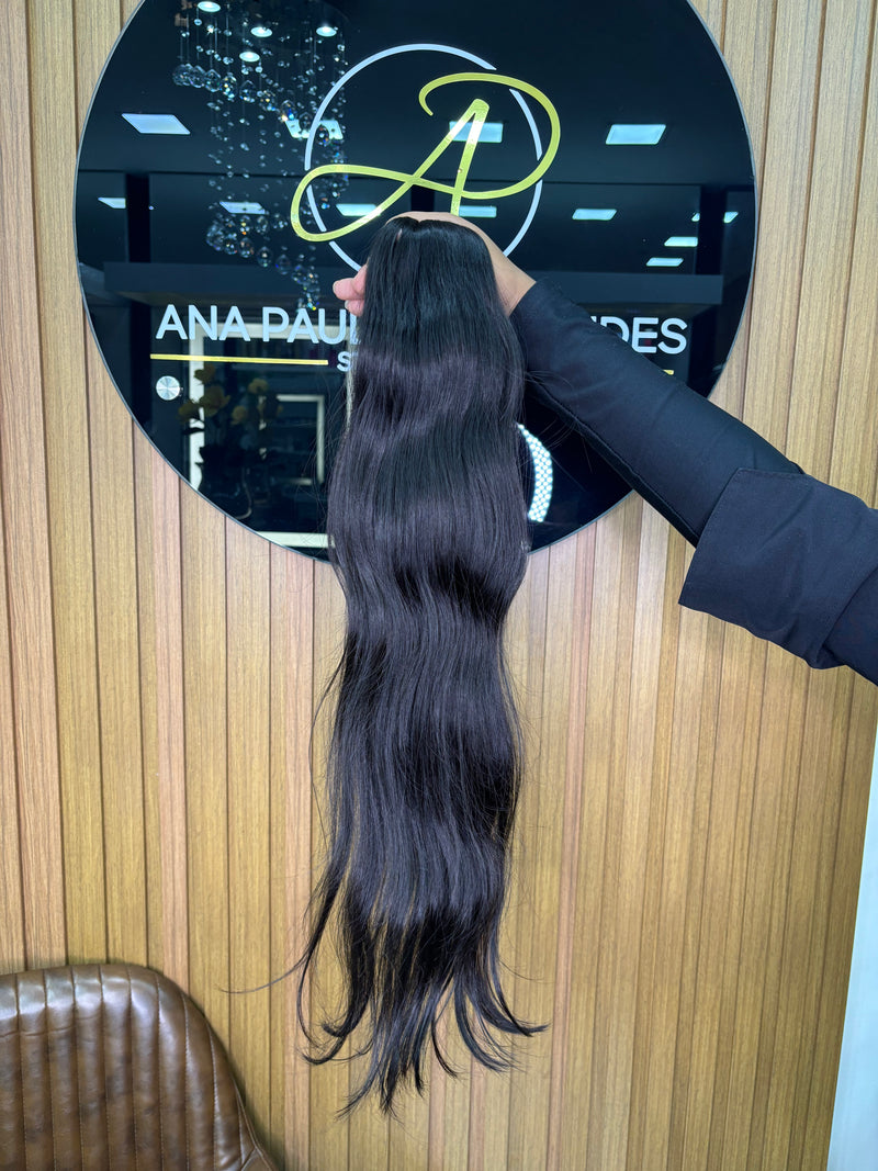 Cabelo Brasileiro do Sul Liso Castanho Escuro 65cm, 100 gramas – 100% Humano, Fios Alinhados Premium.
